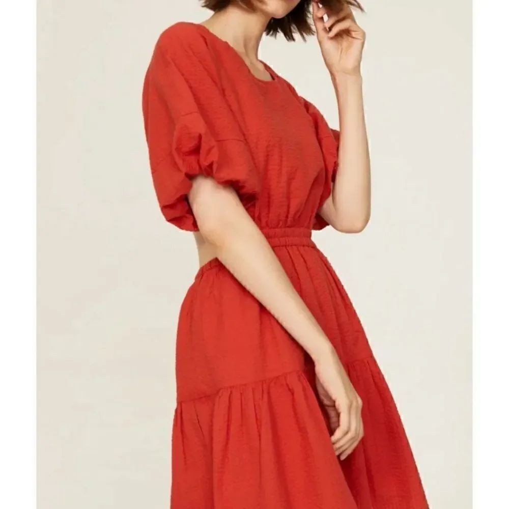Madewell Seersucker Puff Sleeve Cutout Mini Dress In Orange Red Size XS NWT
